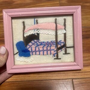Vintage Pink Framed Embroidered Canopy Bed Art
